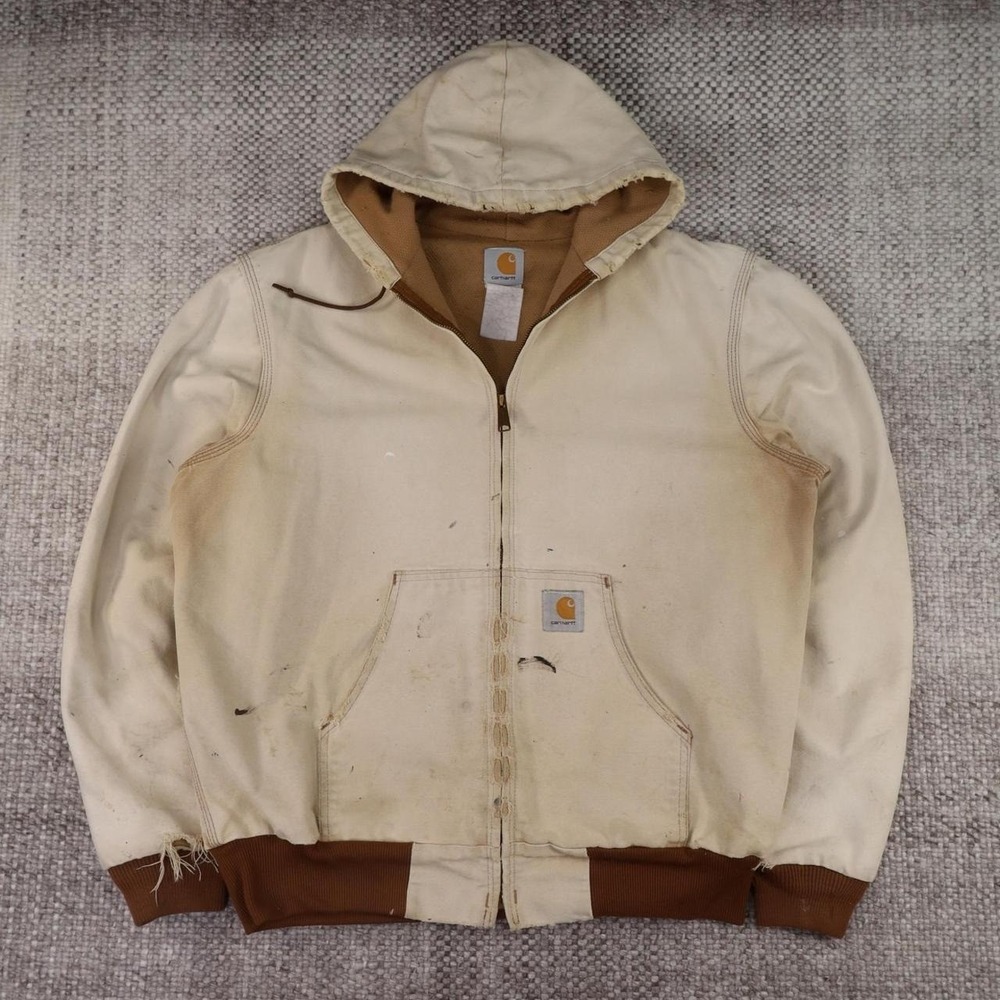 Carhartt Distressed Active Jacket Cream Canvas Thermal Lined Workwear Hooded L